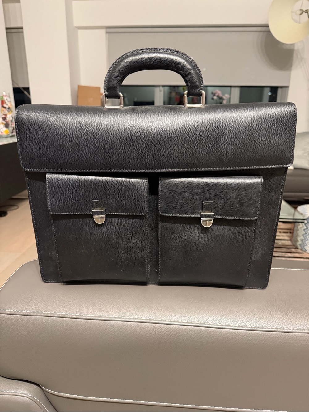 Giorgio Armani Black Leather Two-Front-Pocket Briefcase